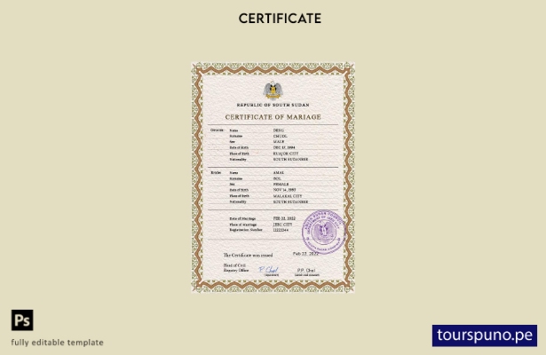 listo para imprimir plantilla PSD de certificado de matrimonio de Sudán del Sur